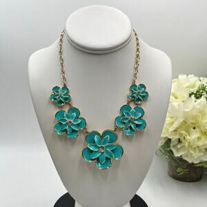 Kate Spade NY Beach House Blue Teal Enamel‎ Flower Bouquet Necklace 12k plated